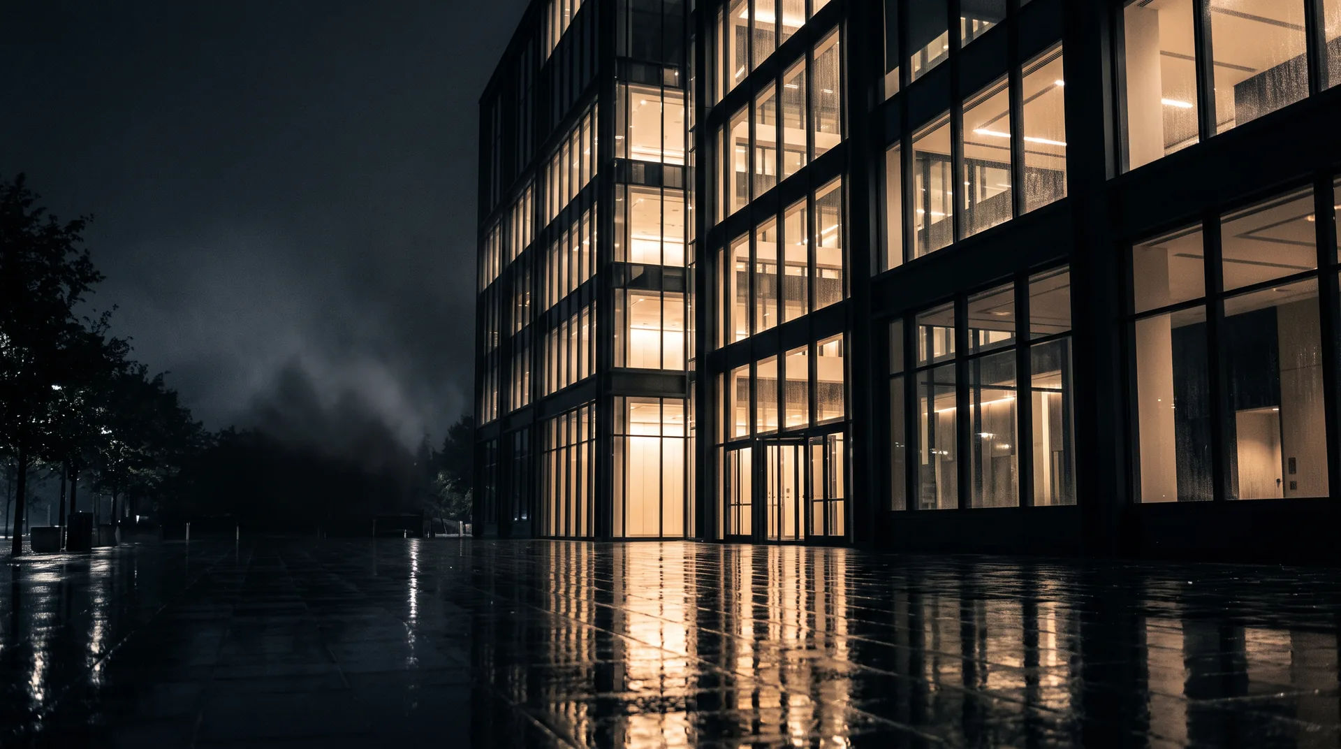 Moderne Glasfassade bei Nacht mit warm erleuchteten Büros
